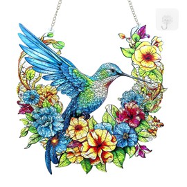 Hummingbird Stained Glass Suncatcher Window Hanging, Renyalora 10 Inch Real Glass Colorful Bird & Flower Sun Catcher Window Decor for Home Garden Patio Porch, Bird Lover Gift for Mom Women
