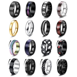 Adramata Men's Stainless Steel Rings Set, Anxiety Rings, Cool Band Rings, Anxiety Rings, Silver Black Ring for Men, Spinner Ring, Fidget Ring for Anti-Stress, Pack of 16, Stainless Steel
