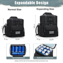gelugee Insulated Lunch Bag for Men: Double Deck Expandable Tactical Lunch Box for Work Travel Daytrip Picnic Outdoor - Xlarge Leakproof Cooler Bag for Adults - Black 20L