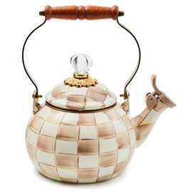 MACKENZIE-CHILDS Enamel Whistling Tea Kettle, Decorative Teapot, Brown-and-White Mocha Check