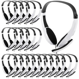 Saysurey 20 Pack Classroom Headphones with Microphone Bulk 3.5mm Adjustable Jack On Ear Bulk Headphones for Classroom Students Computer Laptop Office Home (White)