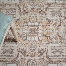 jinchan Area Rug 5x7 Entryway Washable Rug Soft Thin Vintage Low Pile Non Slip Distressed Carpet Indoor Doormat Oriental Medallion Rug for Bedside Bathroom Bedroom Laundry Room Dining Room Taupe Multi