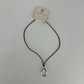 Cotton On Rubi Silver Plated Brown Cord Pendant Necklace Hammered Oval NEW