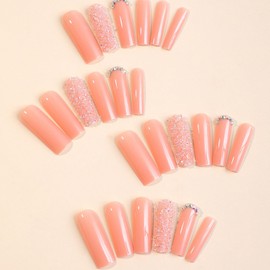 Square Press on Nails Long - Rhinestones Design, Artificial Extra Long Fake Nails Press ons Full Cover Glue on Nails Fale Nails Bling Bling Acrylic Nails for Women 24 Pcs