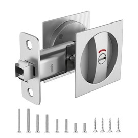 HEYLEAYAR Square Pocket Door Lock with Indicator,1 Pack Satin Nickel Contemporary Privacy Pocket Door Hardware,2-3/8" Non_adjustable Backset for 1-3/5" to 2-1/8" Thickness Door,Brushed Nickel