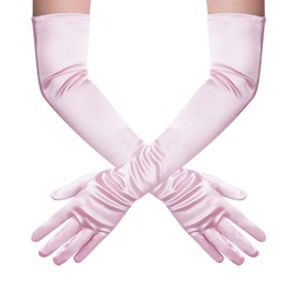 Wobe Long Opera Party 20s Satin Gloves Stretchy Adult Size Elbow Length Wedding (Pink)
