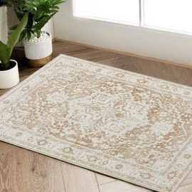 TOPICK Doormat Entryway Area Rug Soft Short Pile Taupe Rug Entrance Mat Foldable Thin Washable Rug Floral Print Retro Carpet Non Slip Lightweight Rug Kitchen Bathroom Living Room Bedroom 60x90cm