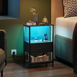 WLIVE Night Stand with Charging Station, LED Nightstand with Adjustable Fabric Drawer, 3-Tier Storage Bedside Table, Small End Side Tables for Bedroom, Black