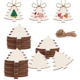 50PCS Unfinished Wood kit with Holes, Wood Slice for DIY Crafts, Blank Tree Wood Cutouts Wooden Tags Ornaments for Sign Gift Tags, Christmas Decorations Outdoor Indoor Decor (Christmas Tree Shape)