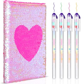 Outus Sequin Notebook Set with 4 Pieces Color Gel Ink Pens Reversible Diary Flip Sequin Journal Writing Journal Set for Valentine's Day Teens Young Girls (AB Color)