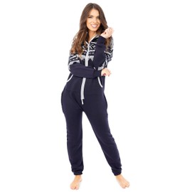 newfacelook Womens Onesie Aztec Print Ladies Jumpsuit One Piece Pajamas Printed Onesies Womens Nightwear All in One Hooded Onesies for Women Zip Up Fleece Overall Jumpsuit Playsuit S-XL