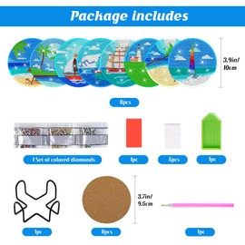 ZTOTZ Diamond Art Coasters Kits with Holder,8pcs Beach Themes Diamond Painting Coasters,DIY Festival Holiday Diamond Art Coasters Craft for Adult Beginner Gift(Beach,Palm Tree,Sailboat)