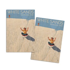 White Sands National Park, New Mexico, Sledding on Sand (4x6 Birch Wood Postcards, 2-Pack Stationary, Rustic Home Wall Decor)