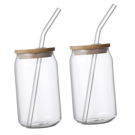 Vaguelly 2pcs Transparent Glass Water Cups with Bamboo Lids Portable Straw Beverage Cups for Cold Drinks Stylish and Convenient for Home Restaurant Use