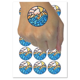Sun Clouds and Ocean Waves Temporary Tattoo Water Resistant Fake Body Art Set Collection - 54 1" Tattoos (1 Sheet)