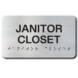 JANITOR CLOSET - Letreros con texto elevado y braille de grado 2, acabado de aluminio cepillado/plateado, fácil de instalar con cinta de doble cara, cartel de puerta de habitación de rotura compatible