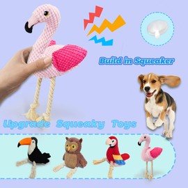 4-Pack Durable Squeaky Dog Toys for Small to Large Dogs Interactive Knot Bird Chew Rope Plush Dog Toys Set Flamingo, Parrot, Toucan, Owl for Teething, Anxiety Relief Perfect for Aggressive Chewers