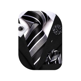 Hi-Tie Men Tie Flower Lapel Pin Set Jacquard Woven Silk Necktie Handkerchief Cufflinks Wedding Party,Black White Stripe