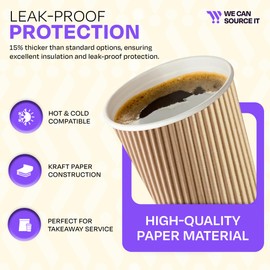 We Can Source It Ltd - 75 x 12oz Ripple Brown Kraft Paper Cups - Strong 3-PLY Disposable Insulated Coffee Cups - Leak-Proof Recyclable Drinking Cups for Hot Drinks, Tea, Coffee and Beverages