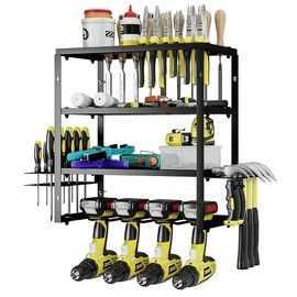 AZERPIAN Power Tool Organizer Tool Storage Shelf Wall Mount,Tool Battery Organizer with Screwdriver/Hammer/Air Tool Rack (4 Slots 4 Layers)