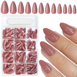 AddFavor Short Almond Press on Nails, 360pcs Brown Fake Nails Press ons Glossy Gel Acrylic Press ons Nails Short Almond Nails Set with Glue Adhesive Tabs for Women Girls