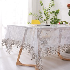 Plastic Clear Rectangle Tablecloth Vinyl PVC Waterproof Tablecloth Embroidered Lace Edge Transparent Table Cover for Kitchen Dining Coffee Table (43x62 inch, Khaki Flora)