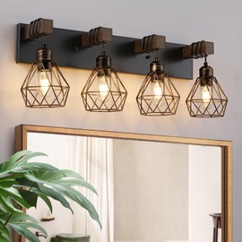 Black Gold Farmhouse Bathroom Light Fixtures, 4-Light Bathroom Lighting Fixtures Over Mirror, Rustic Wood Vanity Lights Wall Sconces with Metal Lampshade for Living Room