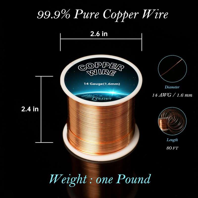 99.9% Pure 14 Gauge Copper Wire for Jewelry Making, 1