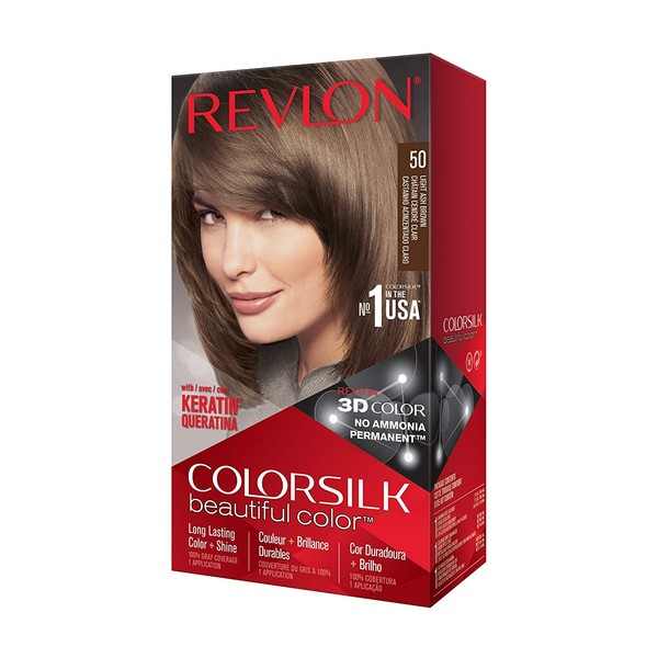 Revlon Colorsilk Beautiful Color Permanent Hair Color with 3D Gel Technology & Keratin, 100% Gray Coverage Hair Dye, 50 Light Ash Brown