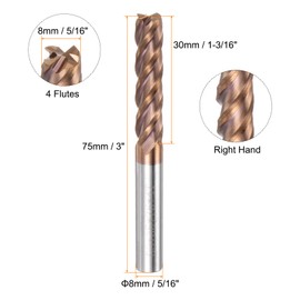 sourcing map Carbide Square End Mill 8mm (5/16") Dia 8mm (5/16") Shank 75mm (3") Extra Long HRC55 TiSiN Coated Micro-Grain Tungsten Carbide 4 Flutes Milling Bit Cutter
