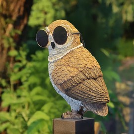 QCF Garden Owl Statue Outdoor Decor,Fake Owls Scare Birds Away Wear Sunglasses Resin Animals Sculpture for Porch Deck Lawn Patio Decorations Creative Gradening Gift for Women Grandma and Mom.