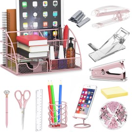 YOLOZAI Pink Office Desk Organizers, 13PCS Office Supplies and Accessories Desk organizer, Acrylic Stapler, Staple Remover, Clips, Scissor, Phone Holder, Pen, Pen Holder, Tape Dispenser
