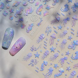 Seahorse Nail Art Stickers Decals WLGDLH Summer Colorful Shells Nail Decals 1PCS 5D Embossed Cute Marine Lifes Design Laser Nail Stickers Manicure Supplies for Women DIY Nail Art Decorations