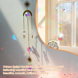 Window Light Catcher, Hanging Crystal Sun Catcher, 35 cm Gold Moon Star Rainbow Sun Catcher Window for Decoration of Window Fences Outdoors, in the Garden at Home