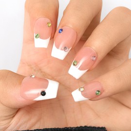 Sethexy French Pink Handmade Press on Nails Medium Coffin Acrylic Glossy Fake Nail with Design White Tip False Nails Salon Durable Nail for Women and Girls10PCS (J)