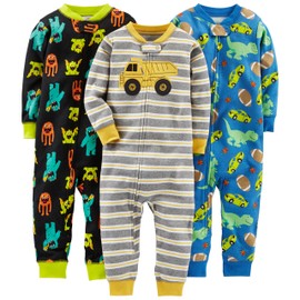 Simple Joys by Carter's Baby Boys' 3-Pack Snug Fit Footless Cotton Pajamas, Black Monster/Blue Dinosaur/Grey Stripe, 12 Months