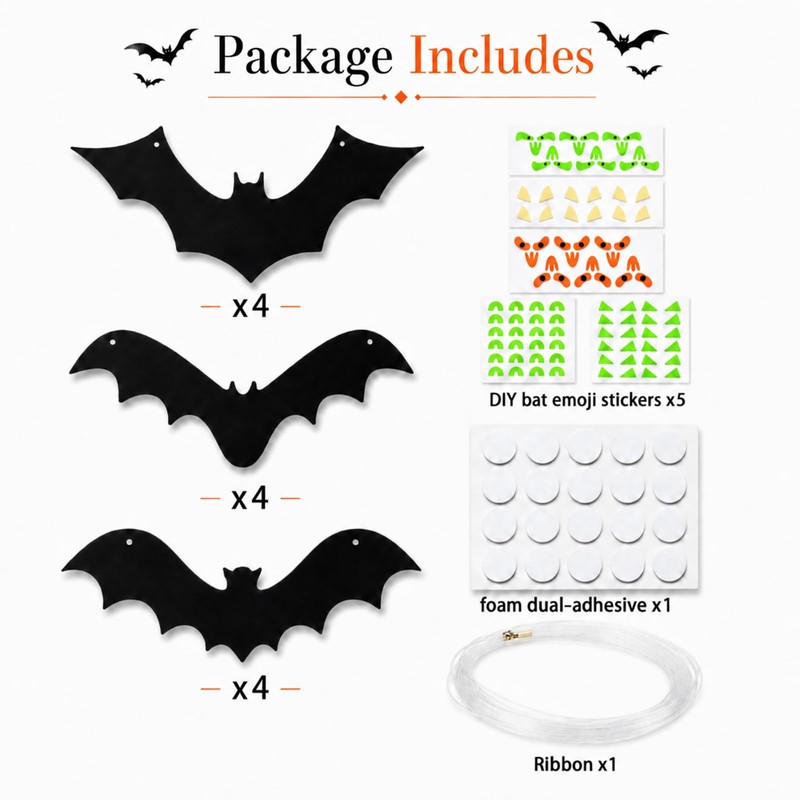 QEKIUII 12 Pack Hanging Halloween Bat Decorations, Plastic Bat Cutouts