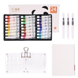 ZYDYRX 24 Colours Mini Watercolour Travel Set with Watercolour Paper Journal, Watercolour Brush Pen, Clip, Sketchbook Palette Set, 15 Grids, Portable Acrylic Painting Palette, Painting Box, Portable