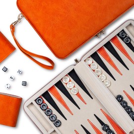 Lingle 9.4" Backgammon Sets for Adults, Classic Board Game with Folding Leather Backgammon Case, Portable Travel Backgammon Game Set (Orange)