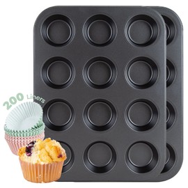 CARTMAN 2 Pack Muffin Pans with 200 Cupcake Liners, Nonstick 12-Cup Muffin Tins, Carbon Steel Cupcake Pans for Baking Muffins, Egg Bites, Brownies & More