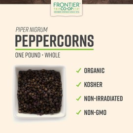 Frontier Co-op Black Peppercorns Whole, 1lb Bulk Bag - Tellicherry Black Pepper - Organic Peppercorns for Grinder Refill, Cooking, Pickling and More