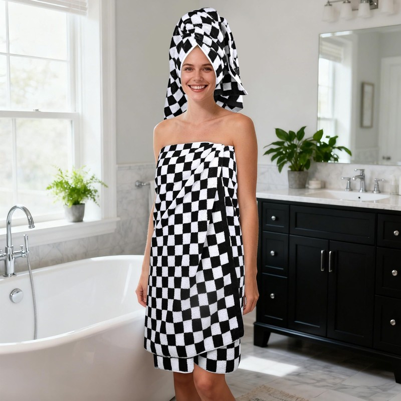 Black and White Towels Set of 8, Cute Checkered Towels