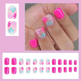 24 Pcs Spring Pink Press on Nails Short Square - YIHONGYAN Acrylic Nail Art Manicure Kit Fake Nails Press ons Nail Tips False Nails Glue on Nails Full Cover Colorful Flowers Stick on Nails for Women