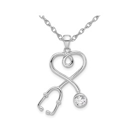 Stethoscope Charm Pendant Necklace in Sterling Silver with Cubic Zirconia (CZ) and Chain