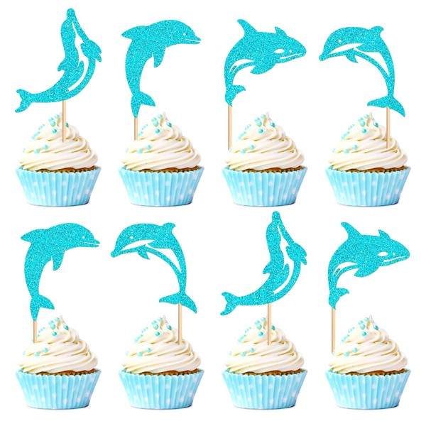 Blumomon Pack of 24 Ocean Glitter Dolphin Cupcake Toppers Baby