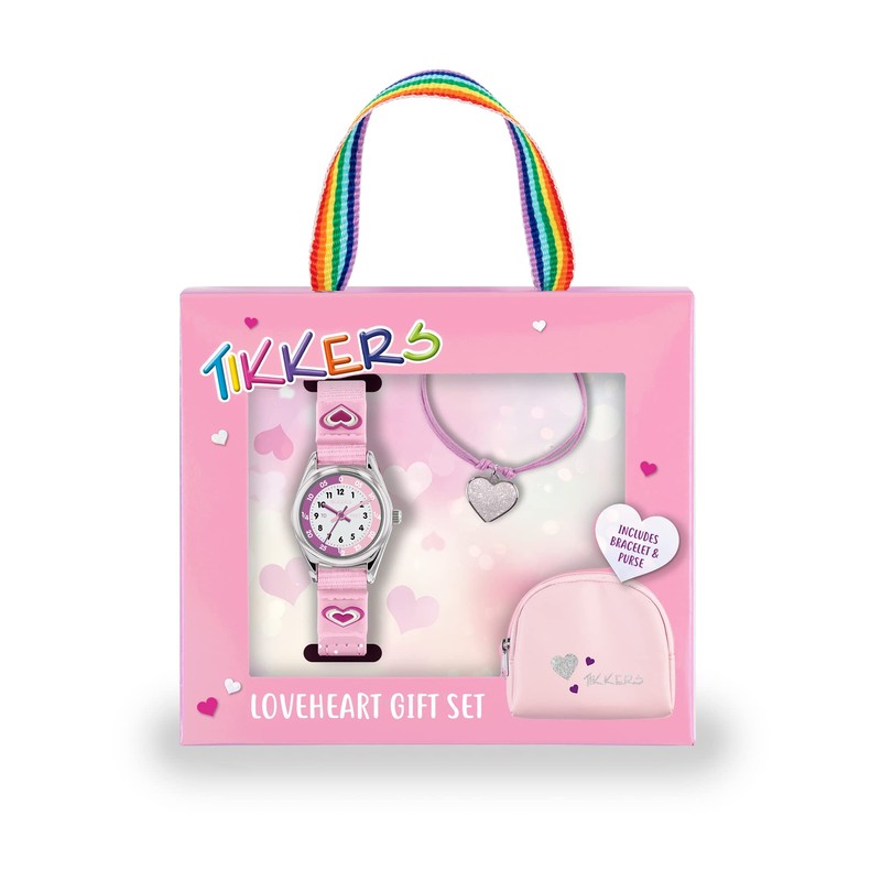 Tikkers Girls Pink Canvas Rip Strap Heart Watch, Purse and