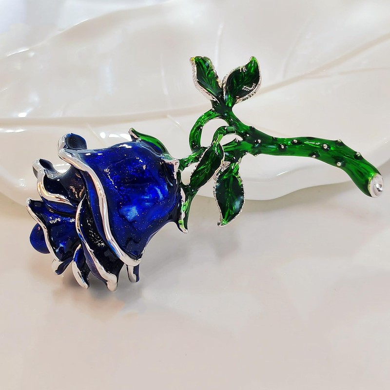 DREAMLANDSALES Vintage Royal Blue Enamel Rose Brooch Pin Winter Holiday