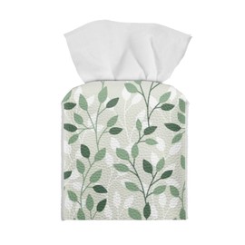 NETILGEN Tissue Box Cover Decorative Holder PU Leather Square Tissue Case Dispenser for End Table, Office Desk, Nightstand, Home Decoration, Green Leaves