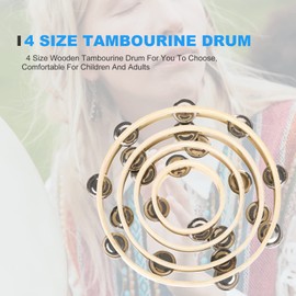 Tambourines for Adults Hand Held Wooden Tambourine, Single Row Metal Jingles Circular Percussion Drum Musical Rhythm Instrument for Church,Educational,Dance, Party (4 piece set)