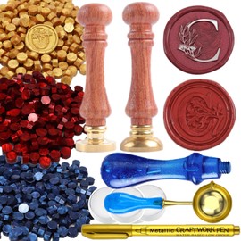 ONWINPOR Bonding Adhesives, Alphabet C Wax Seal Stamp Kit with Eucalyptus Leaves Design, Includes 2Pcs Brass Heads, 1Pcs Gold Pen, 300Pcs Resin Beads in Red, Gold, Blue, Candles